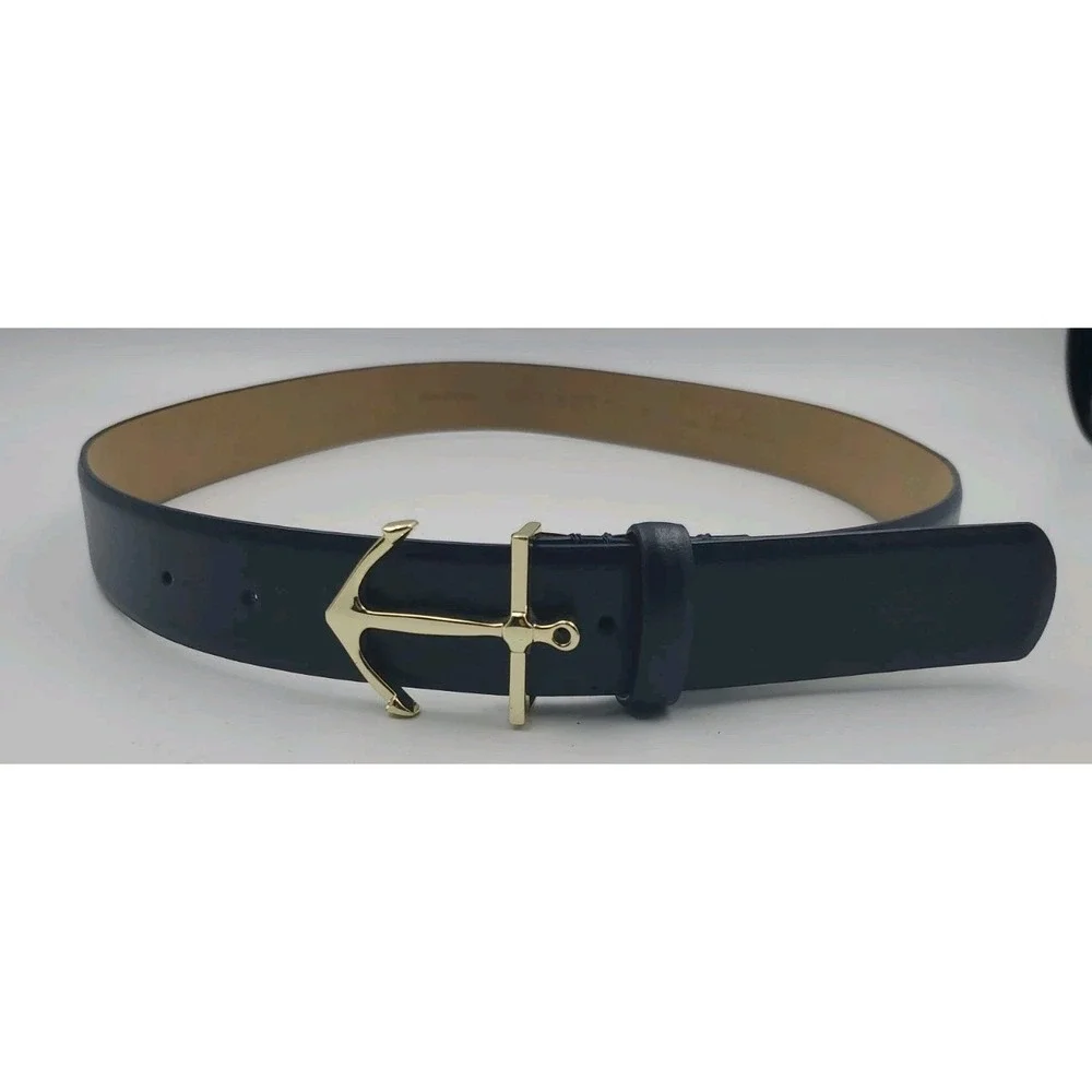 Talbots Navy Leather Belt Gold Tone Anchor Buckle Nautical Coastal Preppy Small